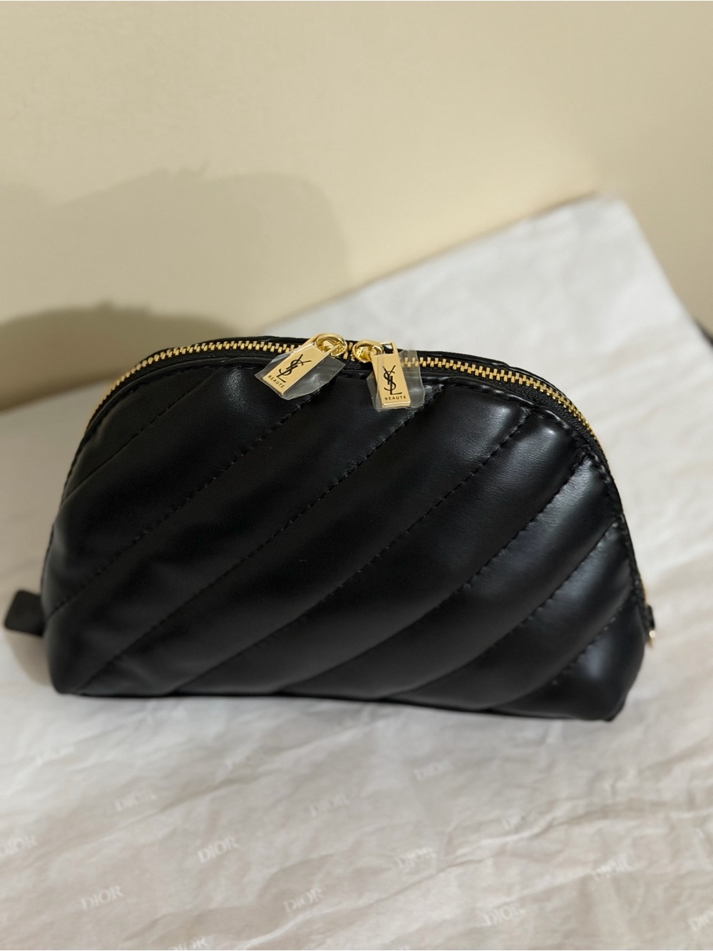 Saint Laurent Black Quilted Leather Zip Cosmetic Case with Gold Hardware